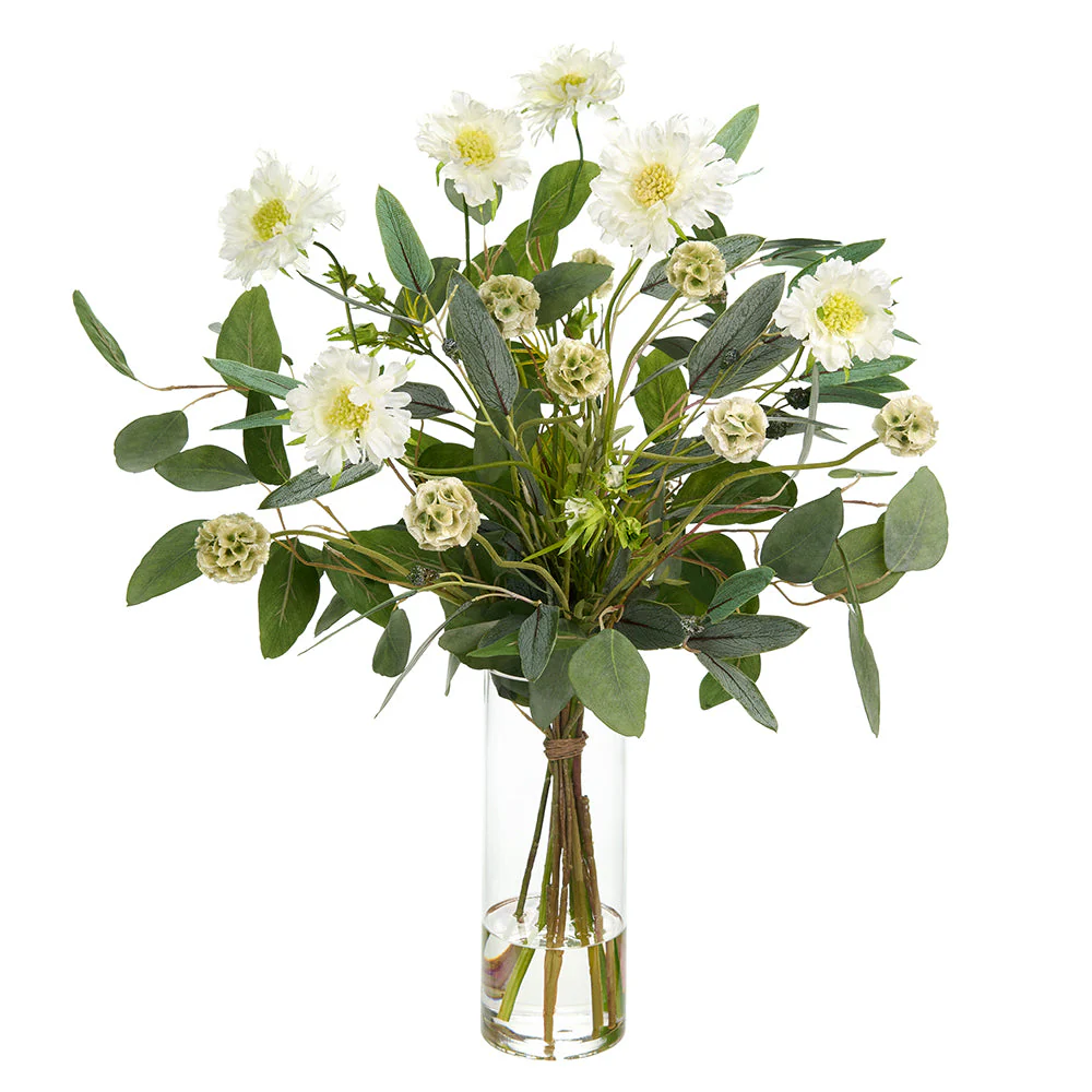 26"Hx22"W Scabiosa & Eucalyptus Leaf Silk Flower Arrangement w/Glass Vase -White/Green