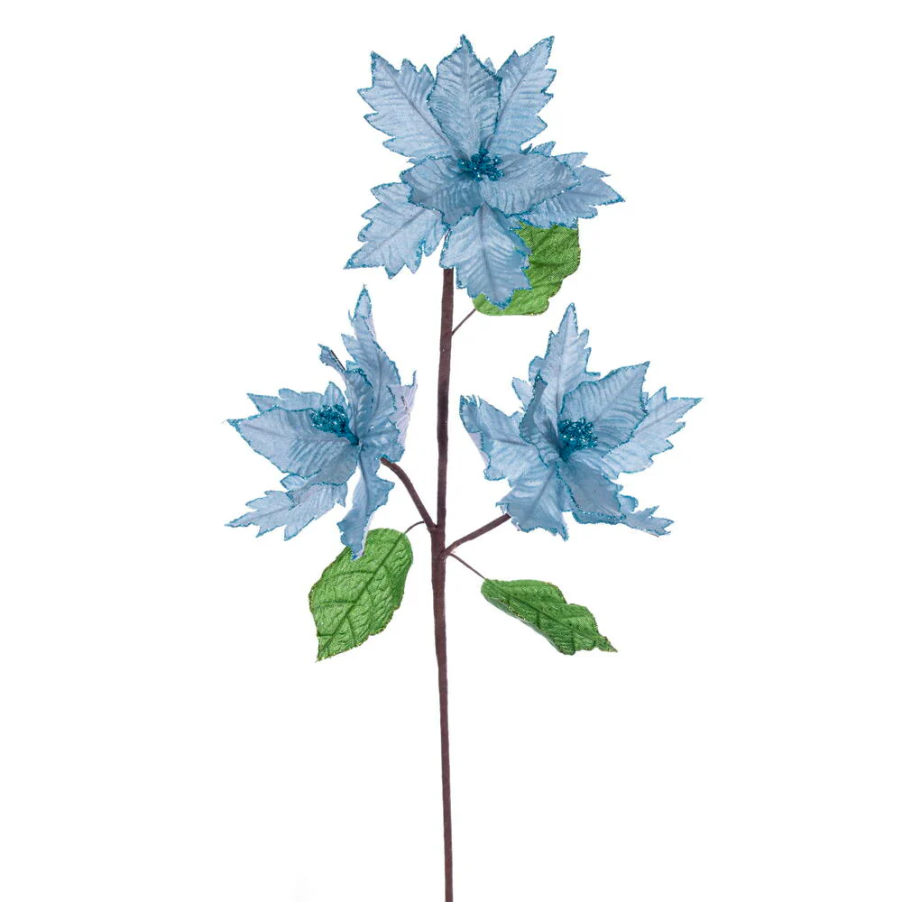 26"x6" Glittered Velvet Artificial Razor Poinsettia Flower Stem -Baby Blue (Pack of 12)