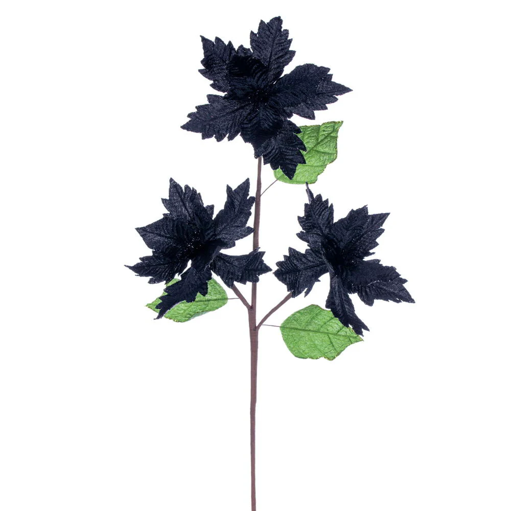 26"x6" Glittered Velvet Artificial Razor Poinsettia Flower Stem -Black (Pack of 12)