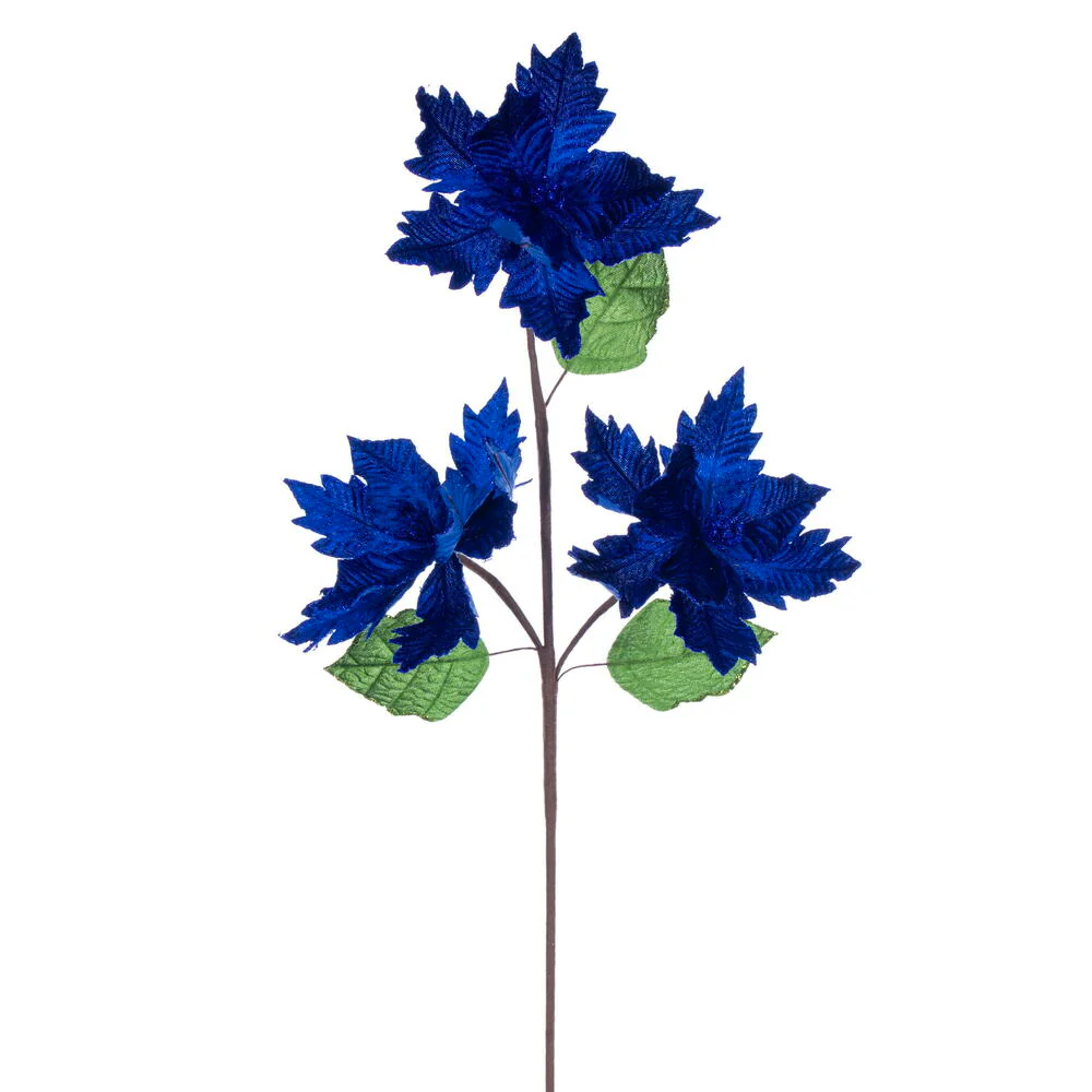 26"x6" Glittered Velvet Artificial Razor Poinsettia Flower Stem -Blue (Pack of 12)