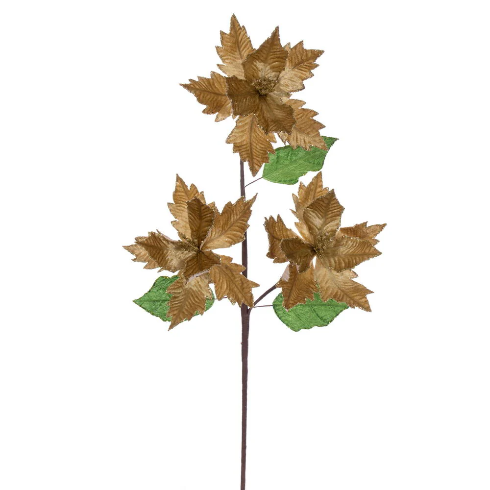 26"x6" Glittered Velvet Artificial Razor Poinsettia Flower Stem -Gold (Pack of 12)