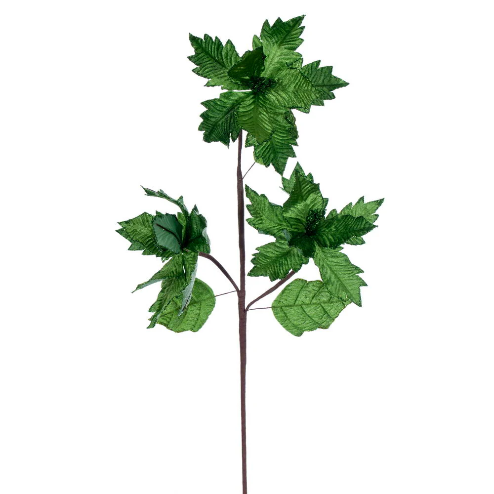 26"x6" Glittered Velvet Artificial Razor Poinsettia Flower Stem -Green (Pack of 12)