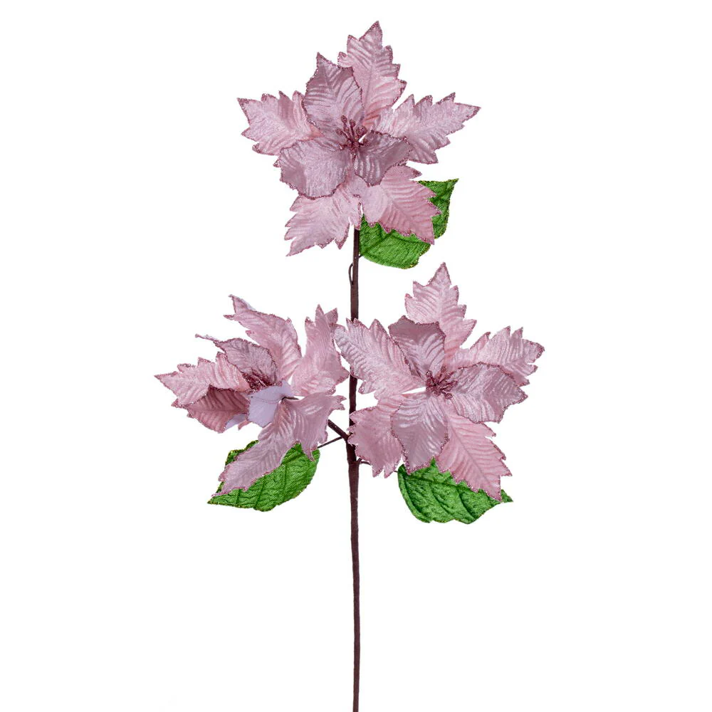 26"x6" Glittered Velvet Artificial Razor Poinsettia Flower Stem -Pink (Pack of 12)