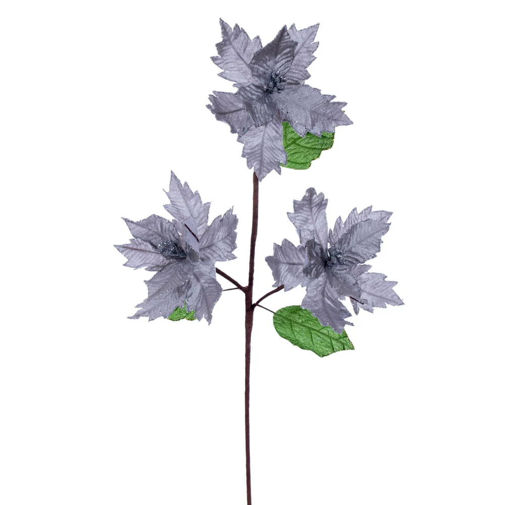 26"x6" Glittered Velvet Artificial Razor Poinsettia Flower Stem -Silver (Pack of 12)