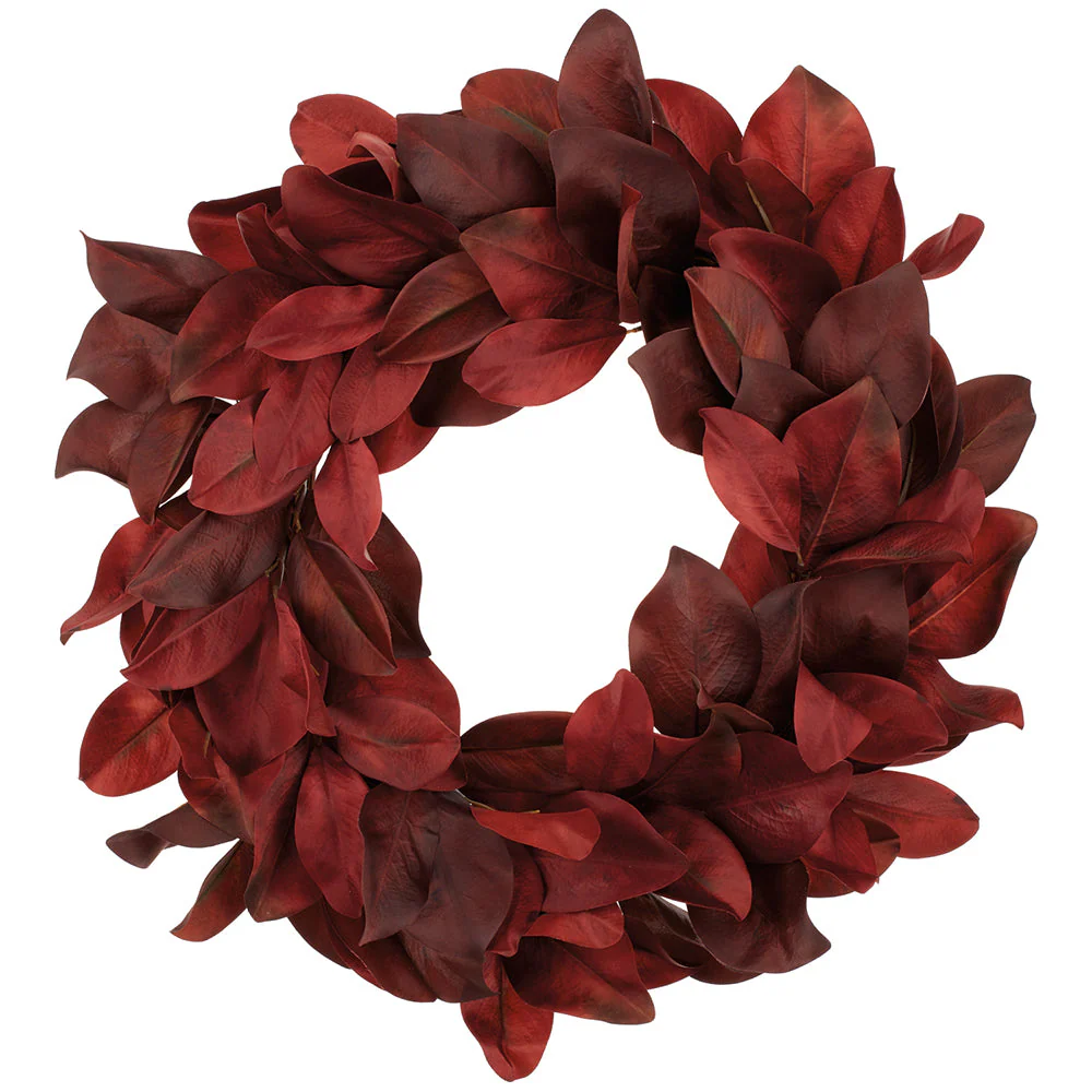 27" Artificial Magnolia Leaf Wreath -Red/Burgundy (Pack of 4)