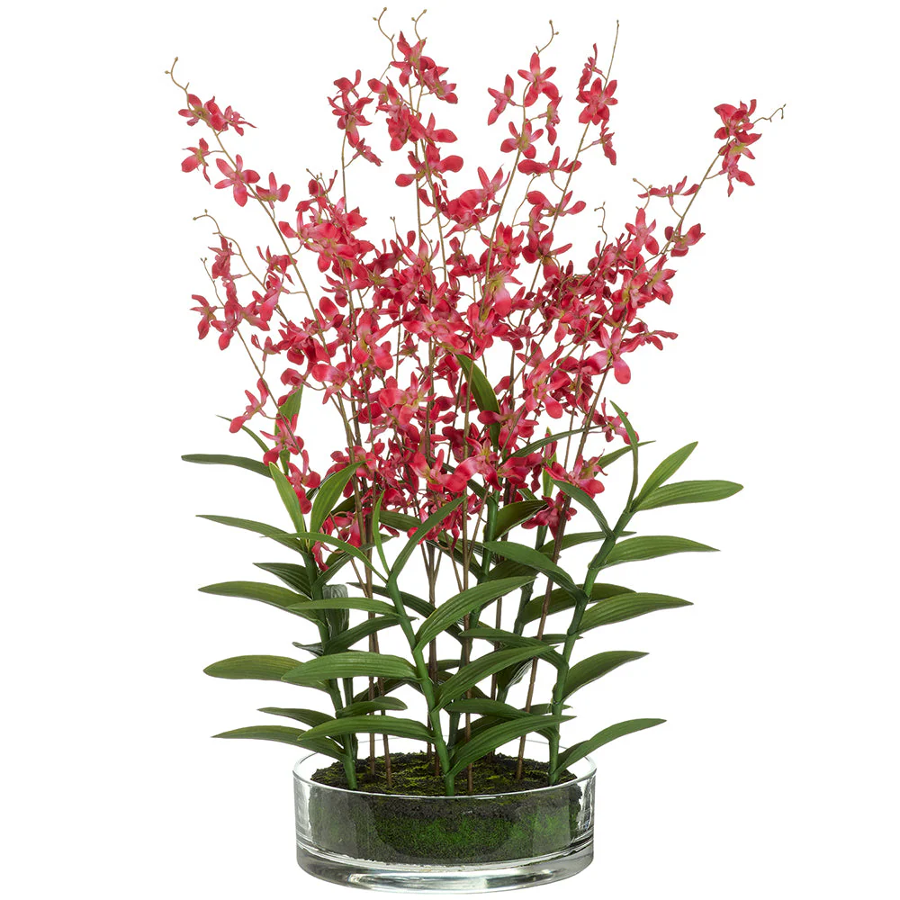 27" Dendrobium Orchid Silk Flower Arrangement w/Glass Vase -Tomato
