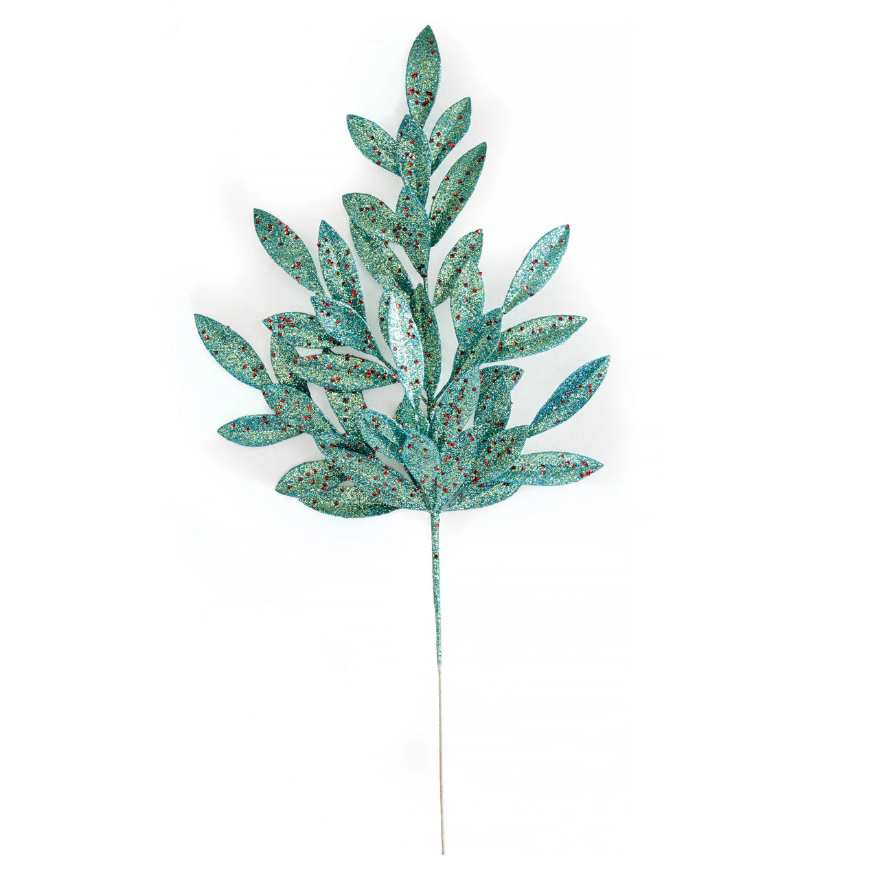 27" Glittered Artificial Bay Leaf Stem -Aqua/Red (Pack of 12)
