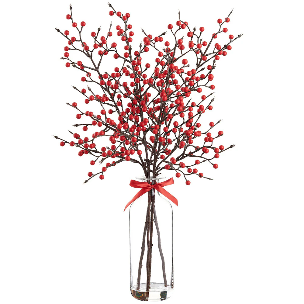 28" Artificial Berry Arrangement w/Glass Vase -Red (Pack of 4)