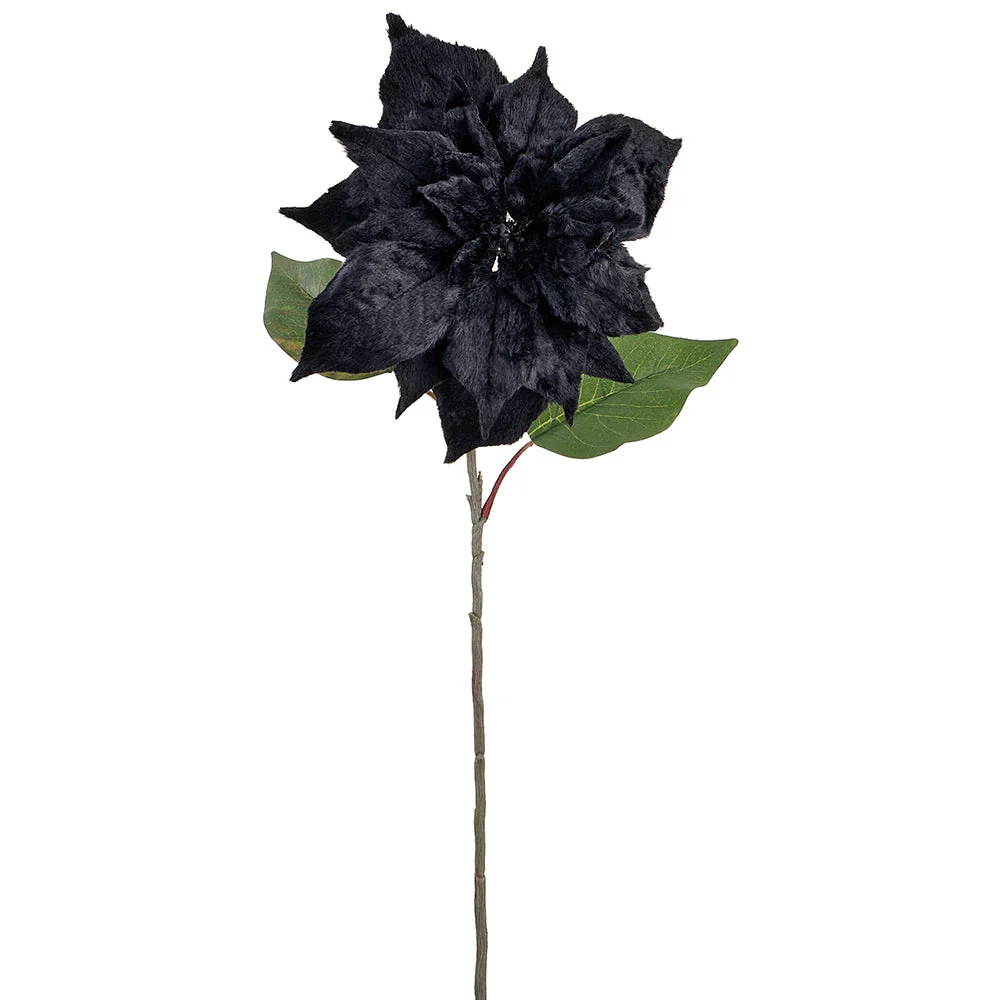 28" Artificial Fur Poinsettia Flower Stem -Black (Pack of 12)