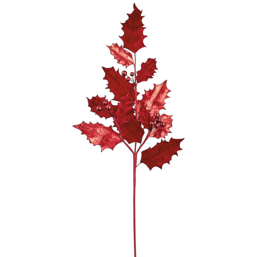 28" Metallic Artificial Velvet Holly Leaf & Berry Stem -Red (Pack of 6)