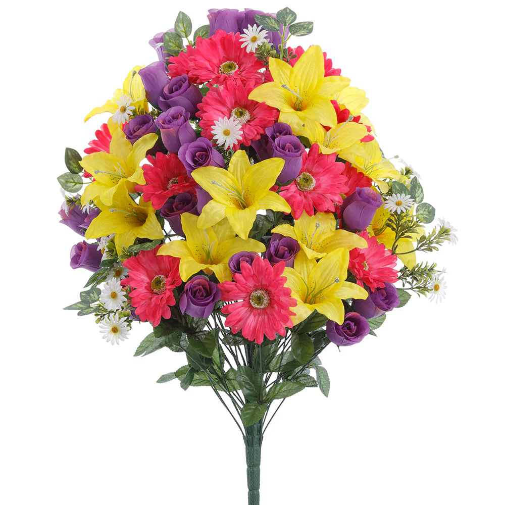 28" Mixed Gerbera Daisy, Rose & Lily Silk Flower Bush -Purple/Yellow (Pack of 4)