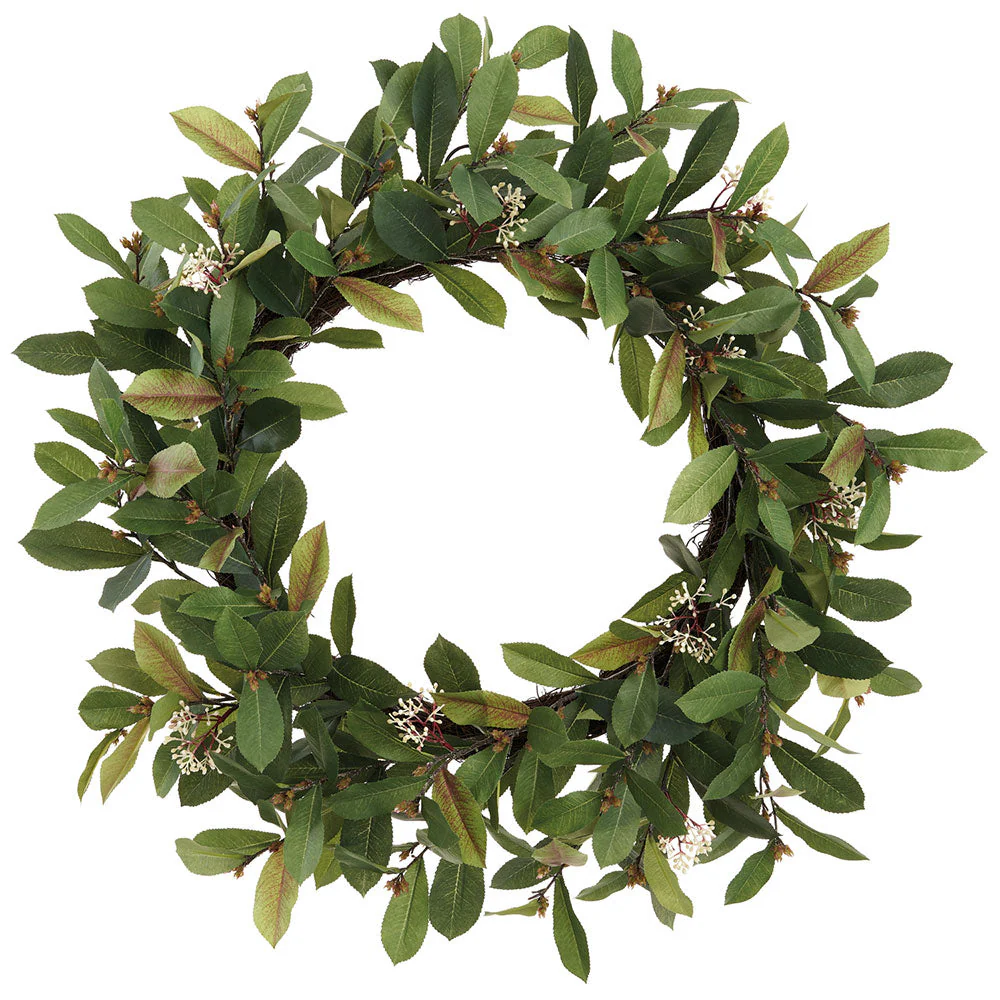 28" Photinia Leaf With Blossom Silk Wreath -Green (Pack of 2)