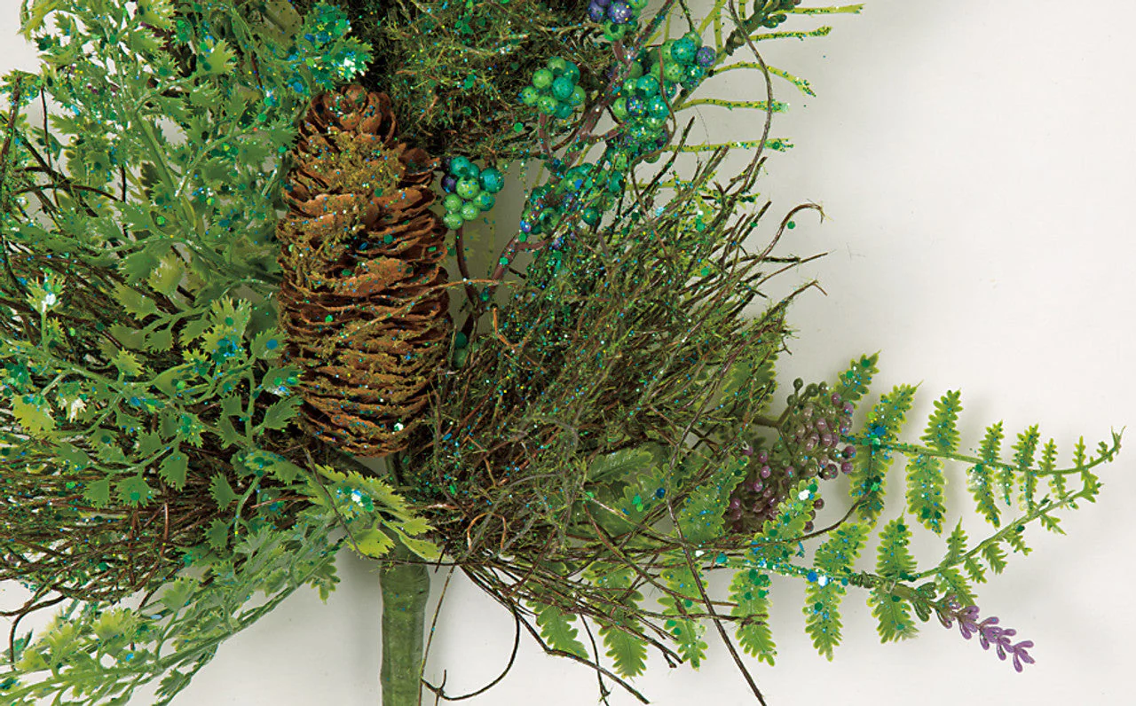 29" Glittered Artificial Mixed Fern Leaf, Berry & Pinecone Stem -Green/Teal (Pack of 6) - Image 2
