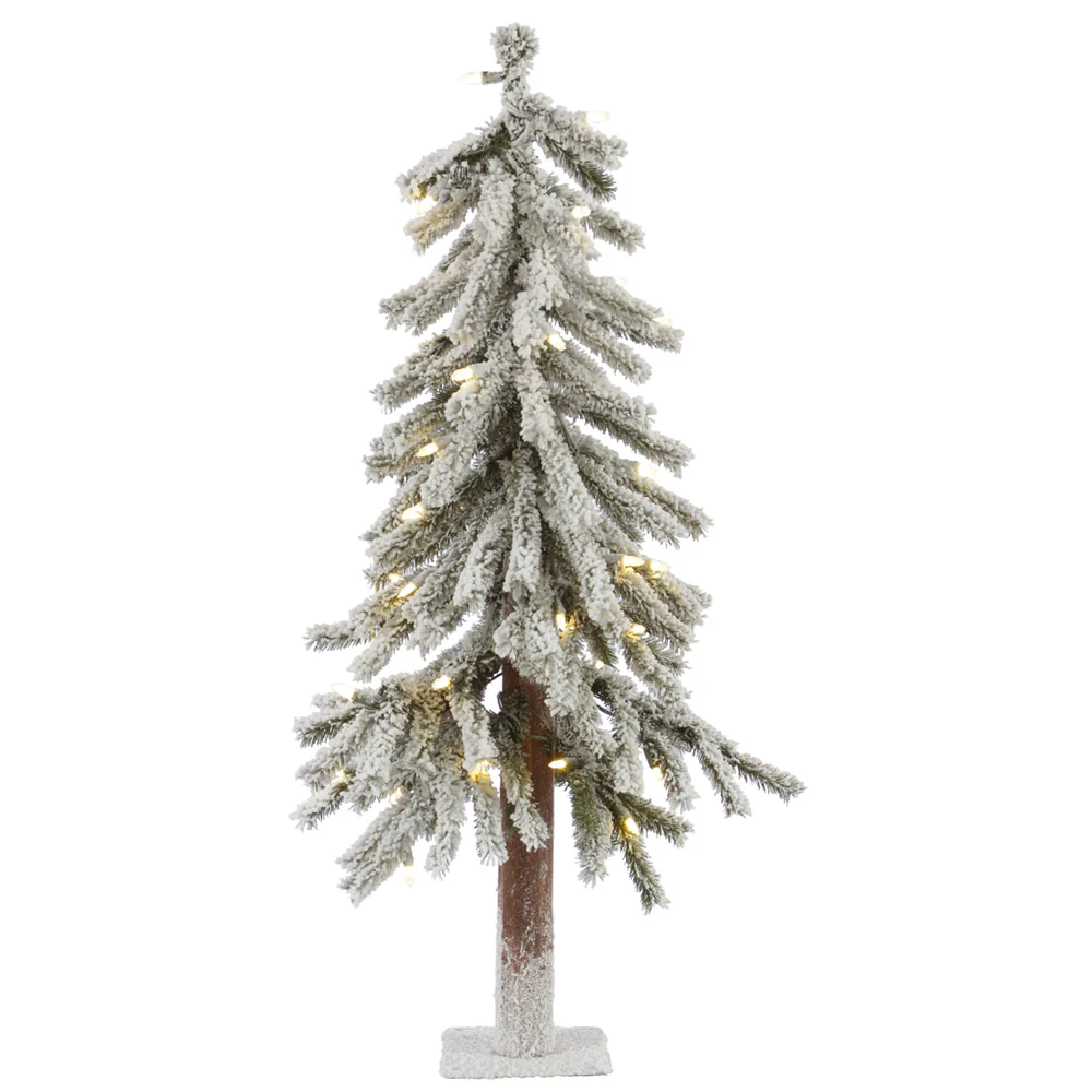 2'Hx14"W Flocked Natural Trunk Alpine Artificial Christmas Tree, LED Pre-Lit -White/Green