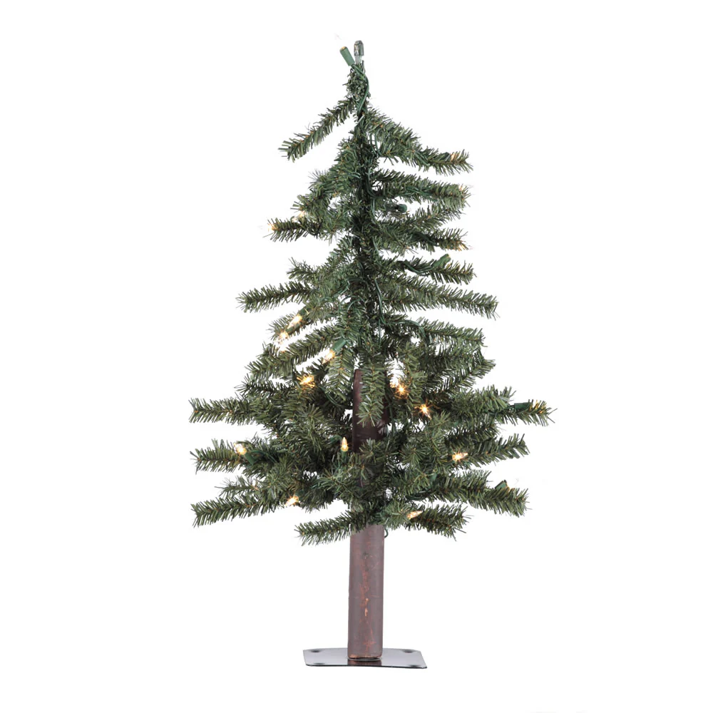 2'Hx16.5"W Natural Trunk Alpine Artificial Christmas Tree, LED Pre-Lit -Green