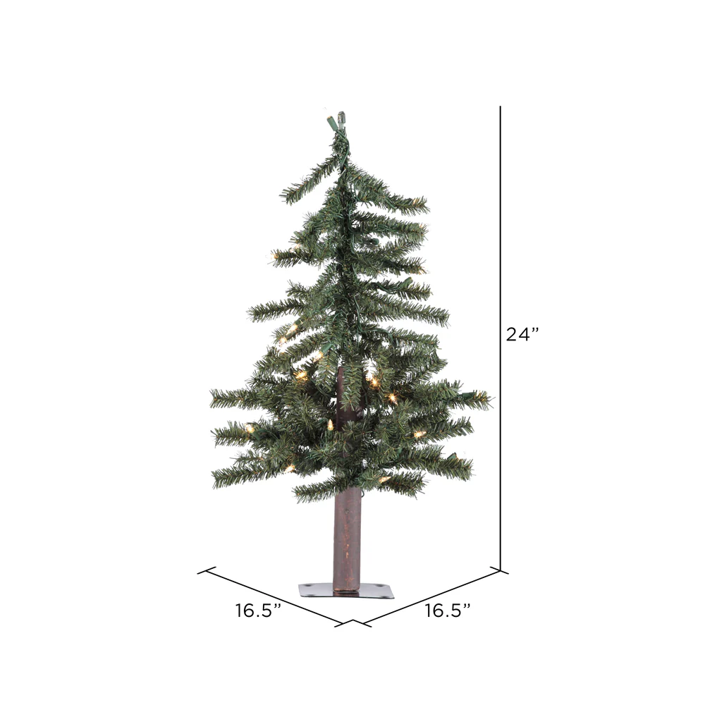 2'Hx16.5"W Natural Trunk Alpine Artificial Christmas Tree, LED Pre-Lit -Green - Image 2