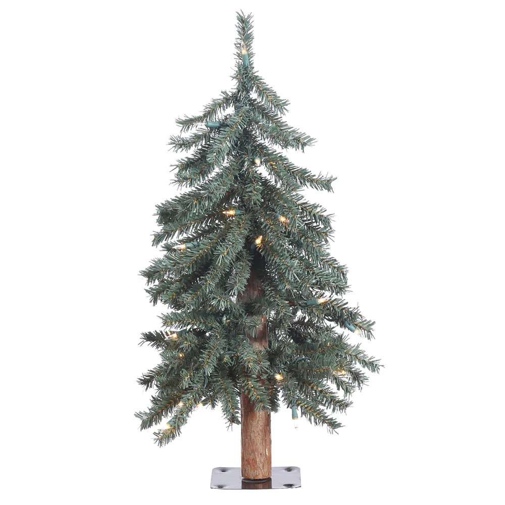 2'Hx16"W Natural Trunk With Bark Alpine Artificial Christmas Tree, LED Pre-Lit -Green