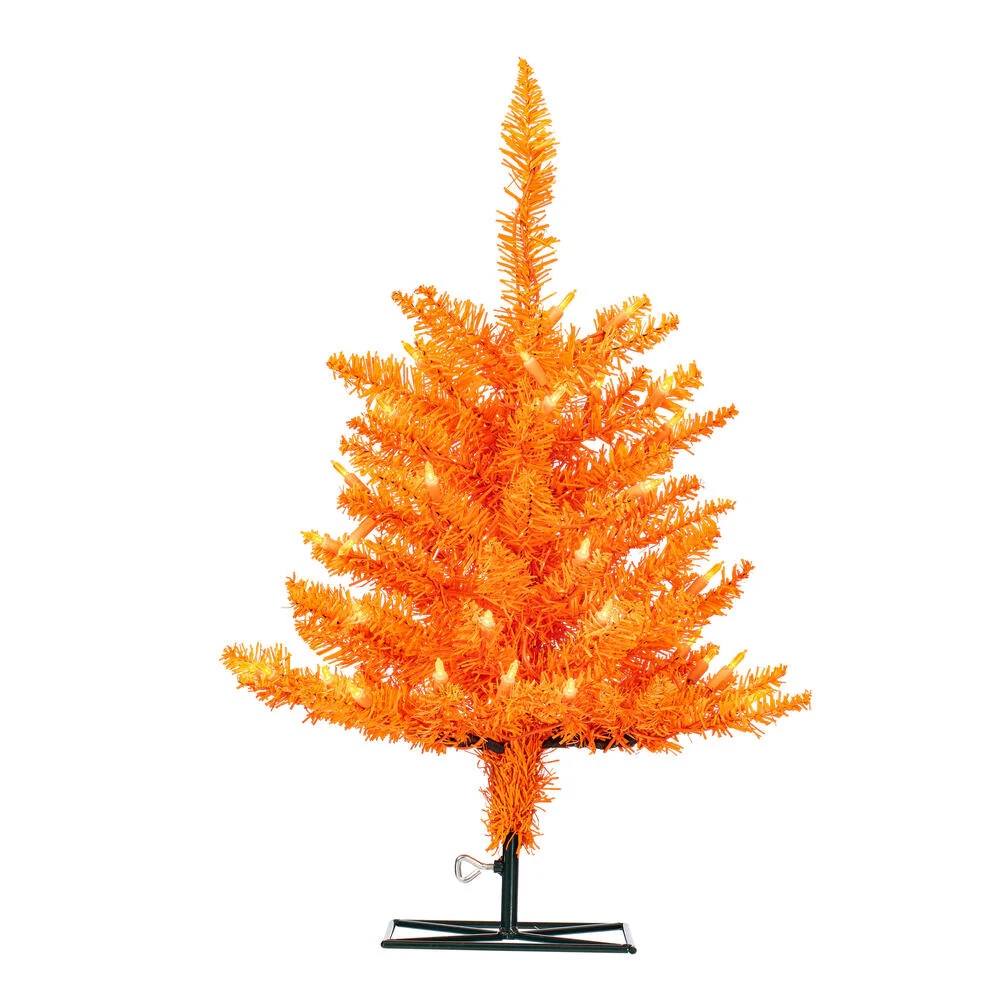 2'Hx20"W Fir Artificial Christmas Tree, LED Pre-Lit (Orange) -Orange