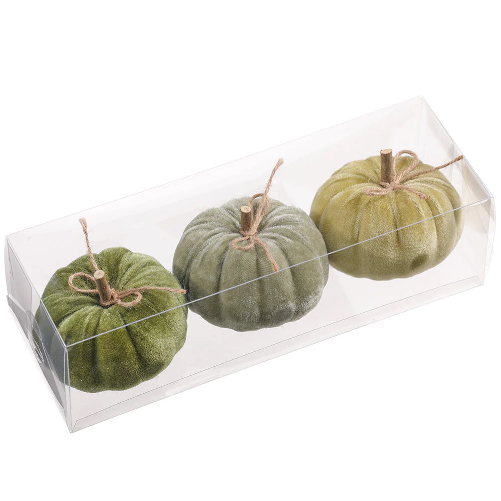 3.5" Set Of Artificial Velvet Pumpkins -2 Tone Green (Pack of 6)