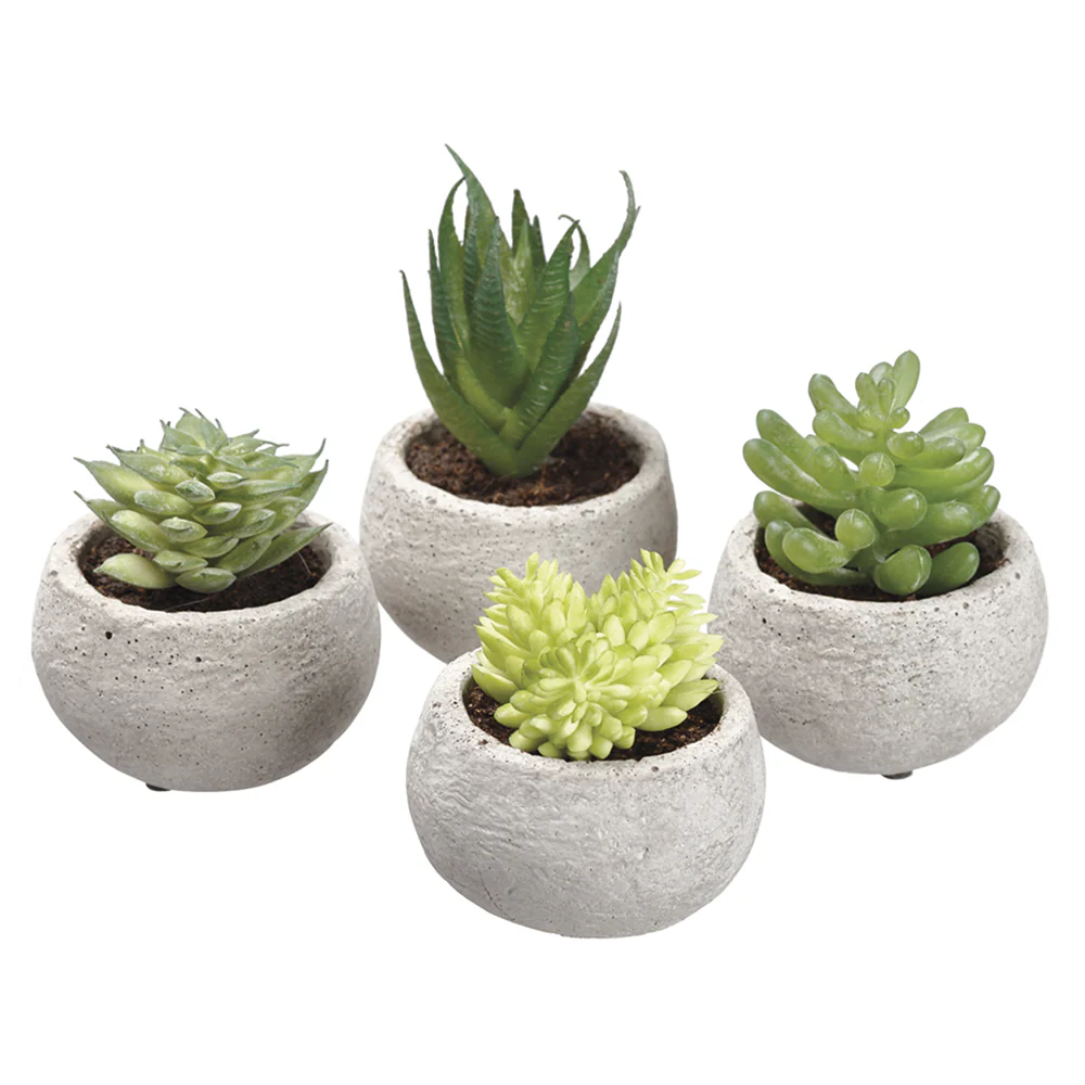 3.5" Set Of Assorted Succulent Artificial Plants w/Cement Pots -2 Tone Green (Pack of 3)