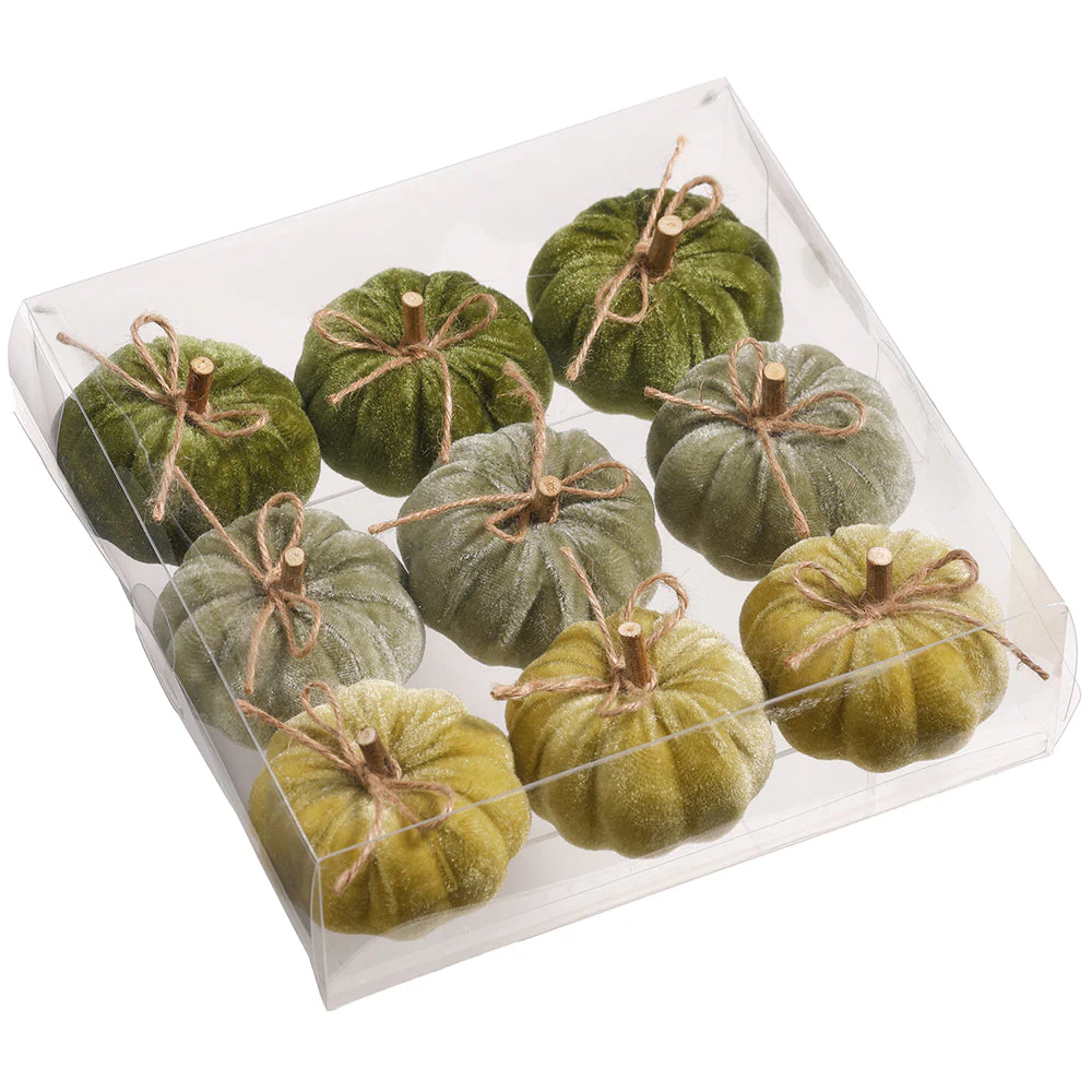 3" Set Of Artificial Velvet Pumpkins -2 Tone Green (Pack of 6)