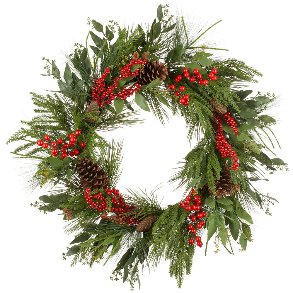 30" Artificial Berry, Pinecone & Pine Wreath -Red/Brown (Pack of 4)