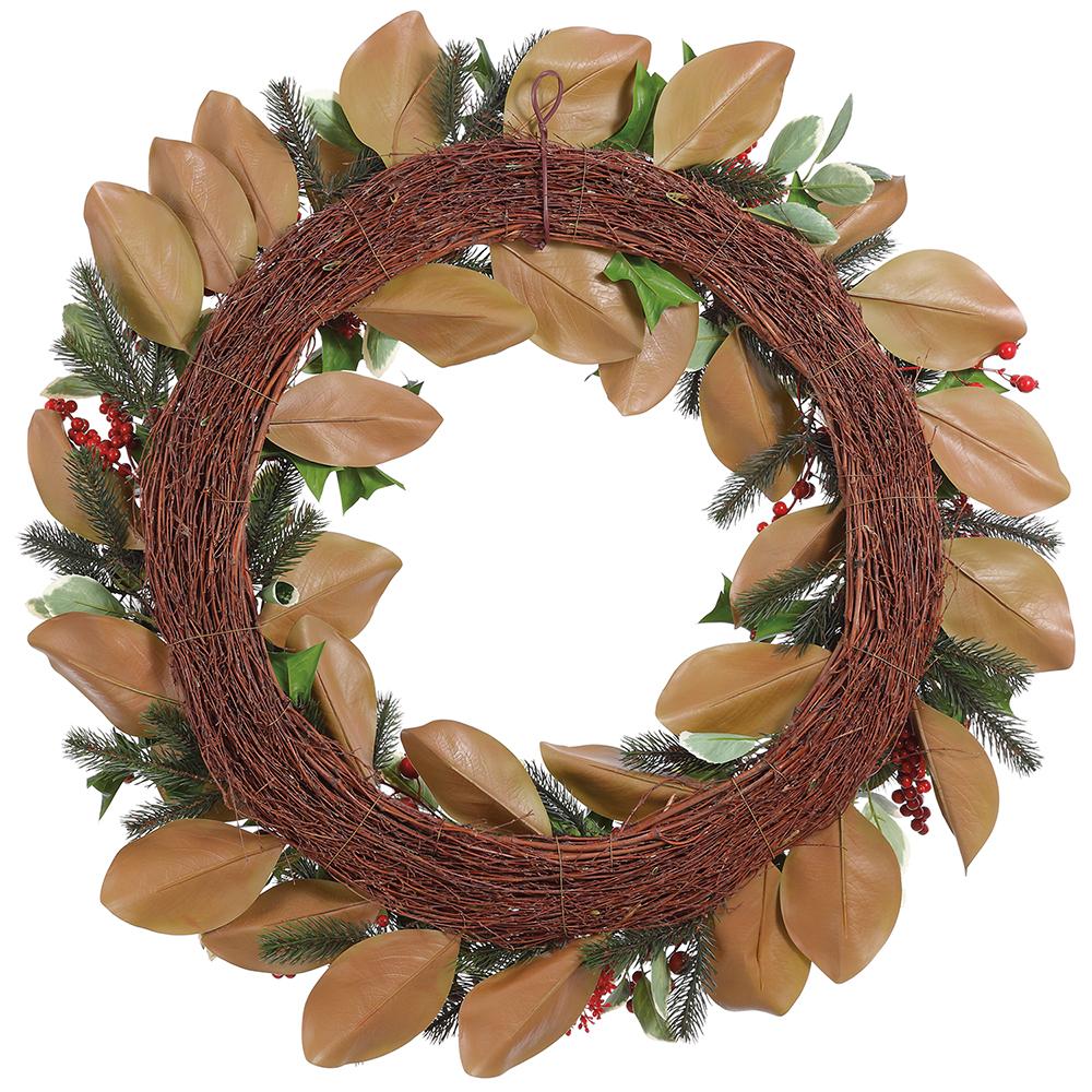 30" Artificial Holly Leaf, Berry & Pine Wreath -Red/Green (Pack of 2) - Image 2