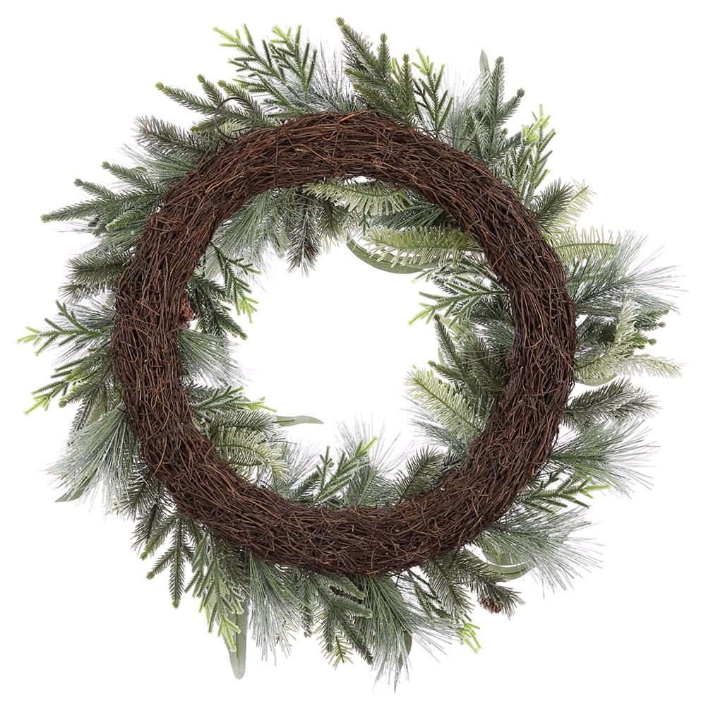 30" Flocked Artificial Pinecone, Eucalyptus Leaf & Pine Wreath -White/Green - Image 2