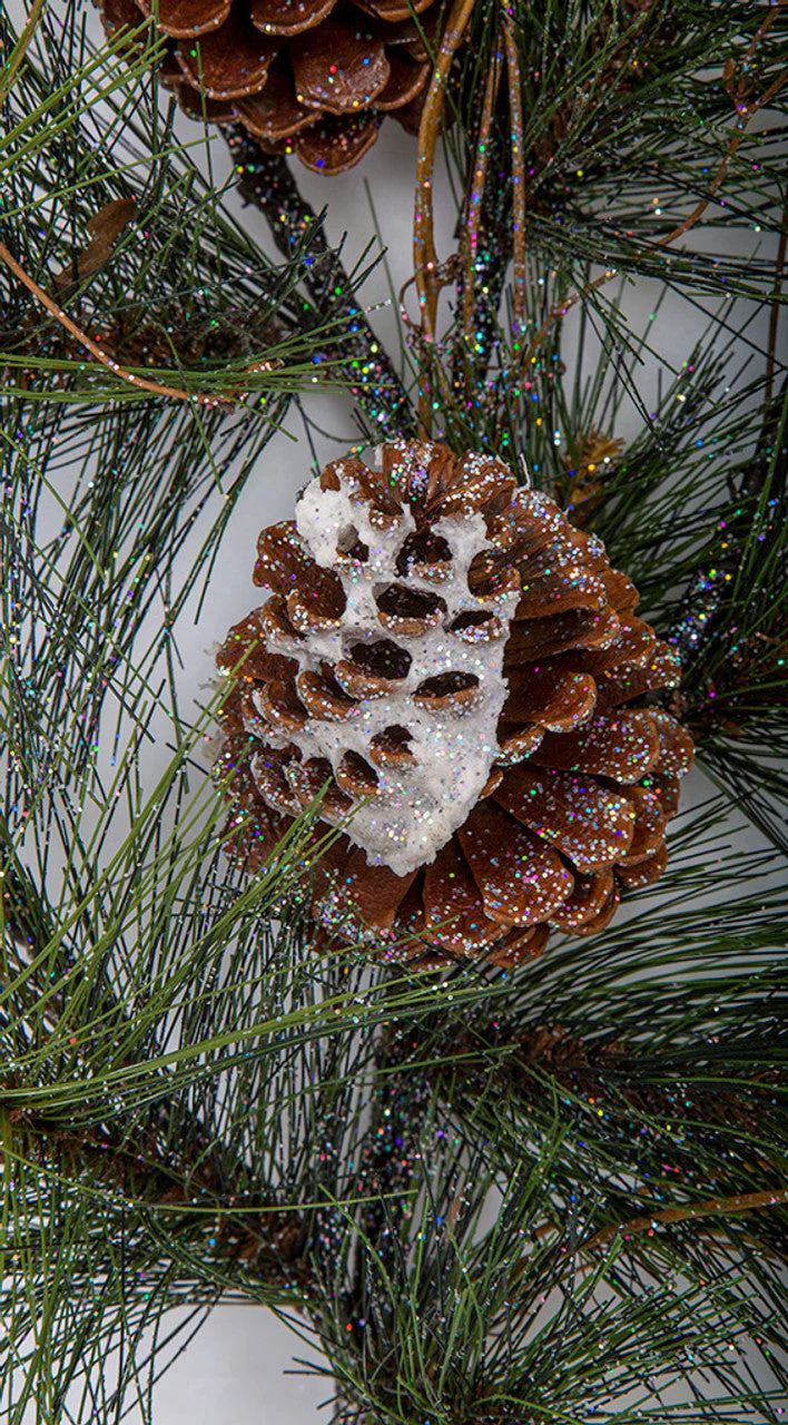 30" Flocked & Glittered Artificial Austrian Pine, Pinecone & Twig Stem -Green/White (Pack of 6) - Image 2