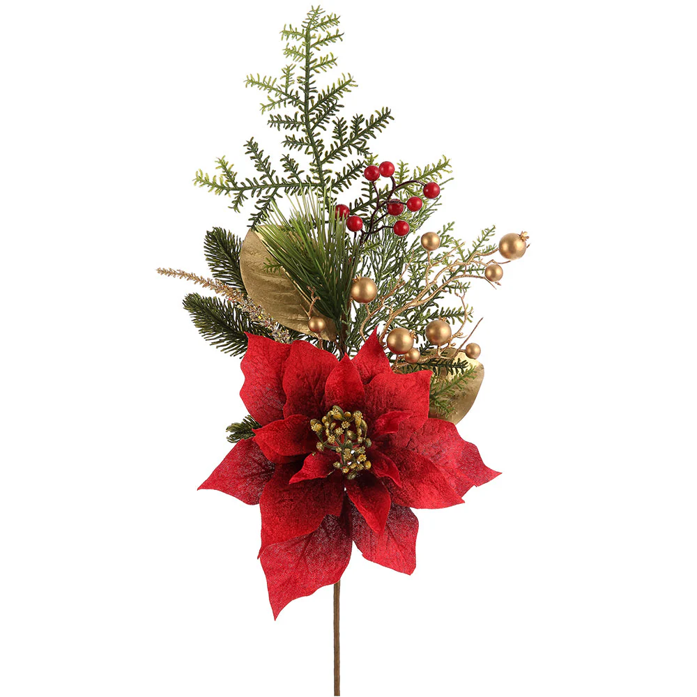 30" Glittered Artificial Poinsettia Flower, Berry & Pine Stem -Red/Gold (Pack of 6)
