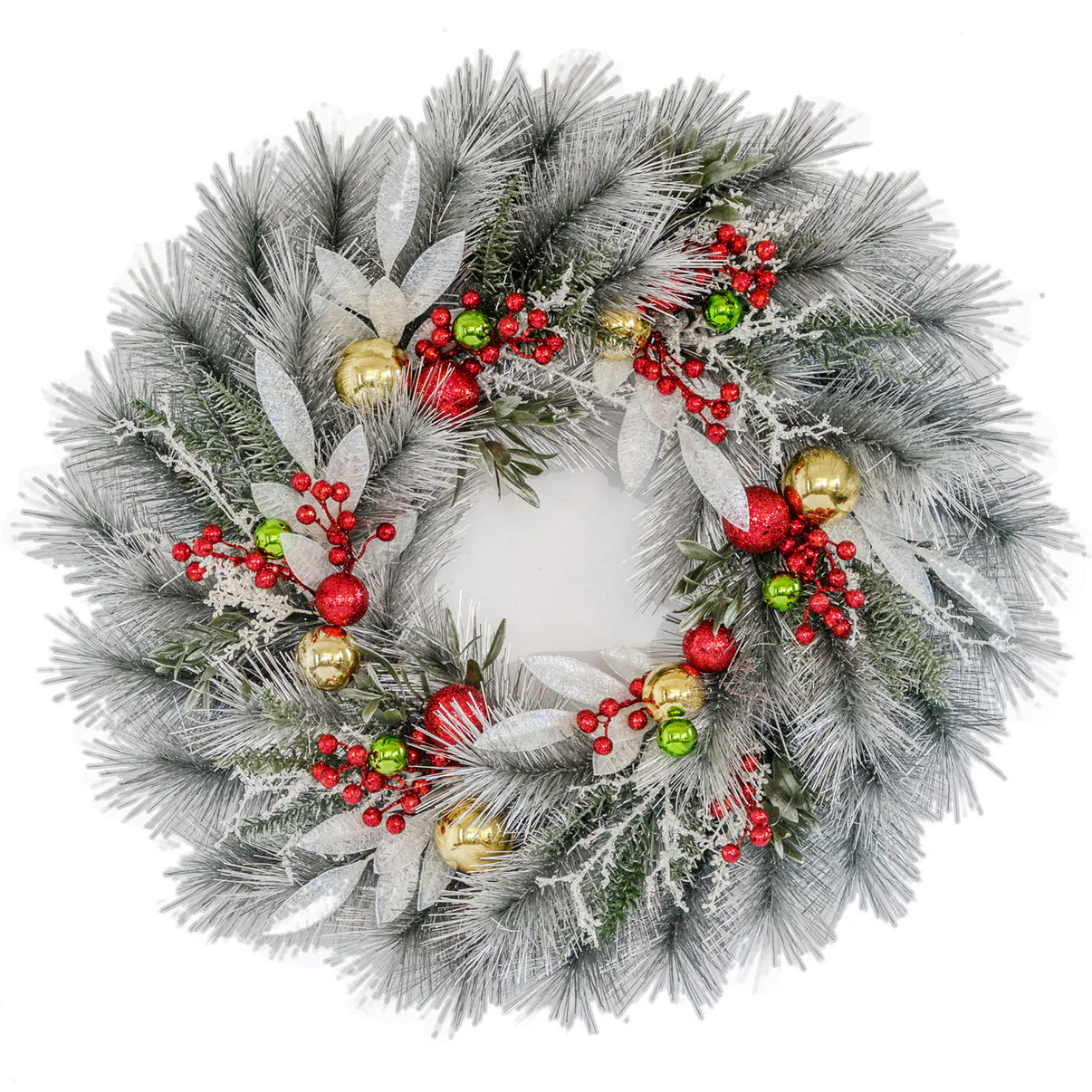 30" Longleaf Pine, Bay Leaf & Berry Artificial Hanging Wreath -Silver