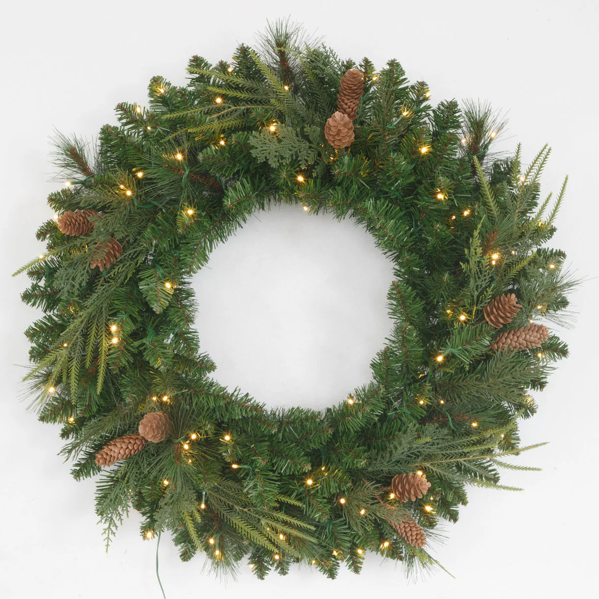 30" PE Artificial Marquett Pine & Pinecone Wreath, Micro LED Pre-Lit -Green
