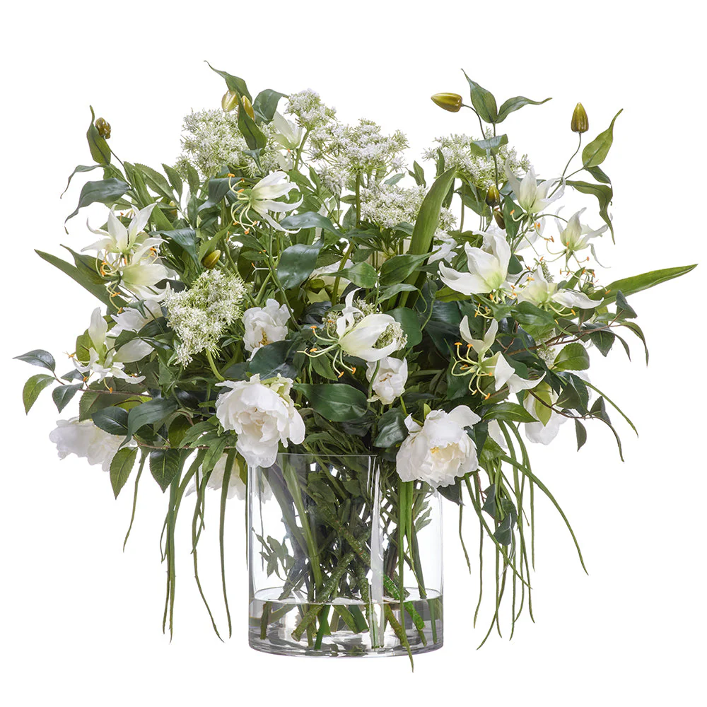 30"Hx30"W Gloriosa, Peony & Queen Anne's Lace Silk Flower Arrangement w/Glass Vase -White/Green