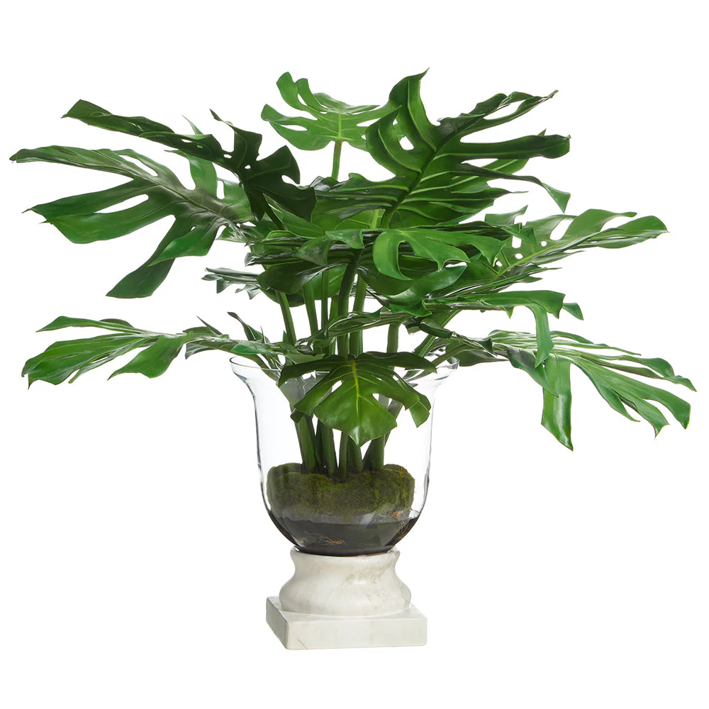 30"Hx36"W Split Philodendron Monstera Leaf Silk Plant w/Glass Vase -Green