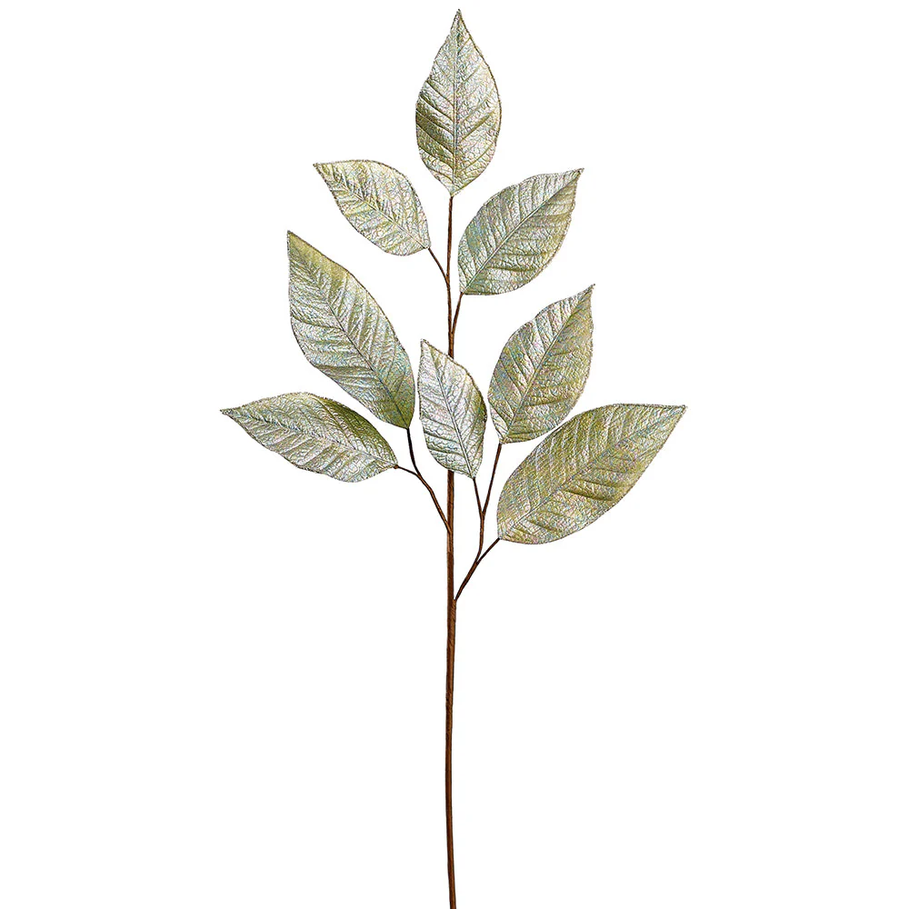 31" Metallic Pearlized Silk Magnolia Leaf Stem -Green/Iridescent (Pack of 12)