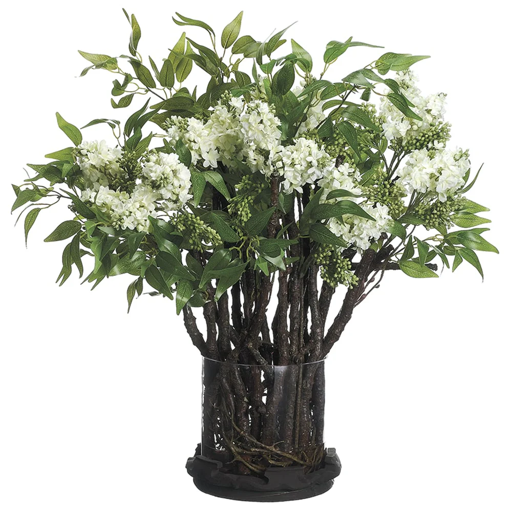 31"Hx32"W Lilac & Twig Silk Flower Arrangement -Cream/Green