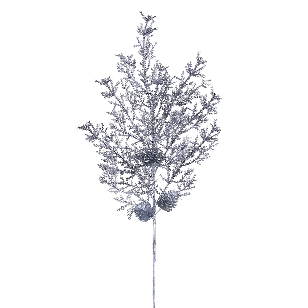 32" Artificial Juniper Leaf & Pinecone Stem -Silver (Pack of 12)
