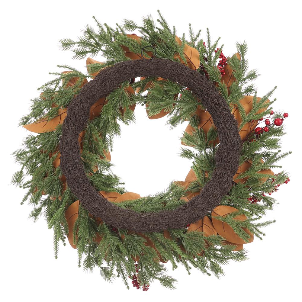 32" Artificial Ornament Ball, Berry, Magnolia Leaf & Pine Wreath -Red/Green (Pack of 2) - Image 2