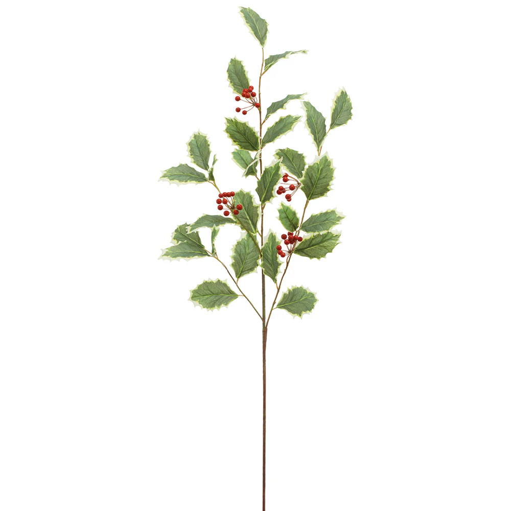 32" Faux Holly Leaf & Berry Stem -Variegated/Red (Pack of 12)