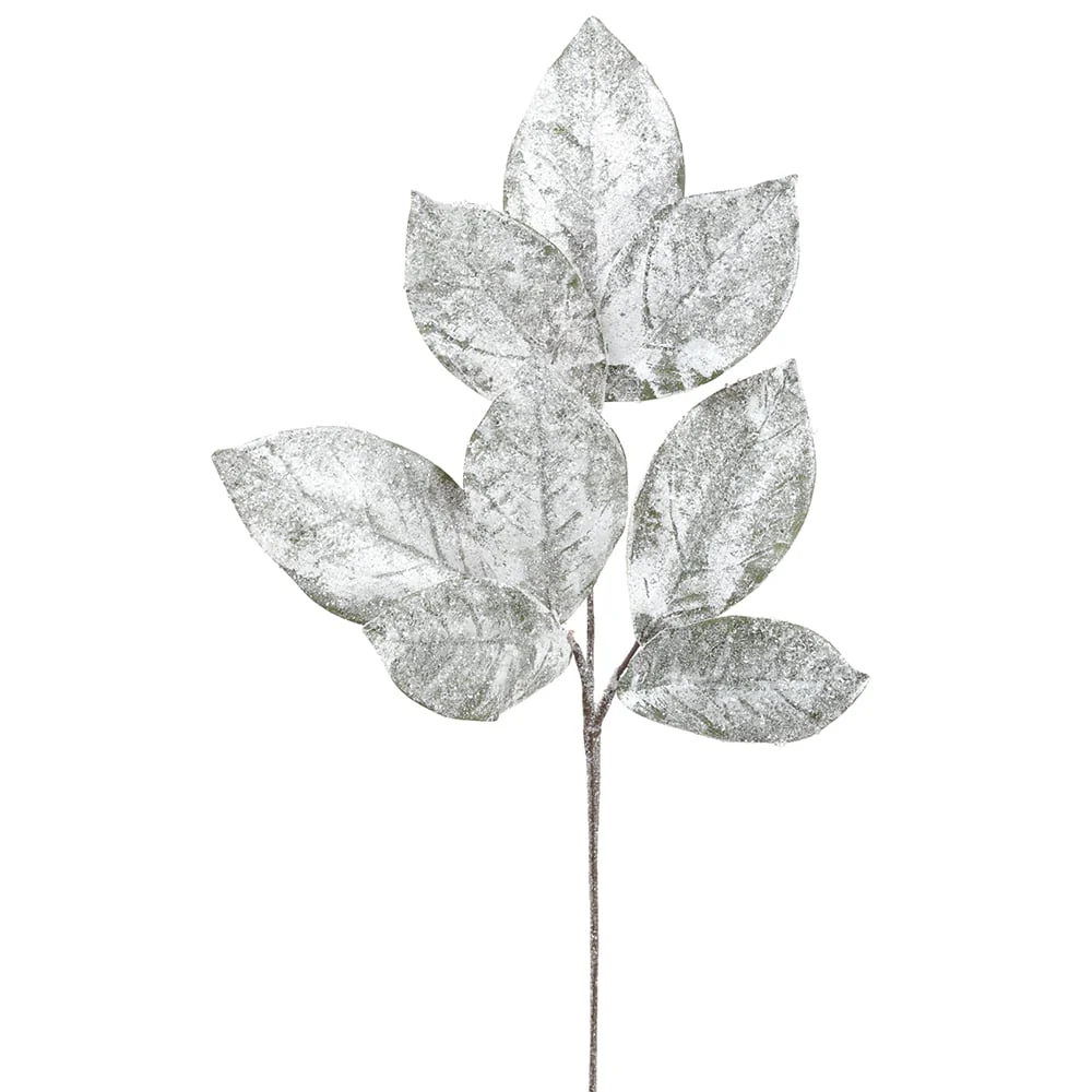32" Iced Artificial Magnolia Leaf Stem -Green/Ice (Pack of 12)