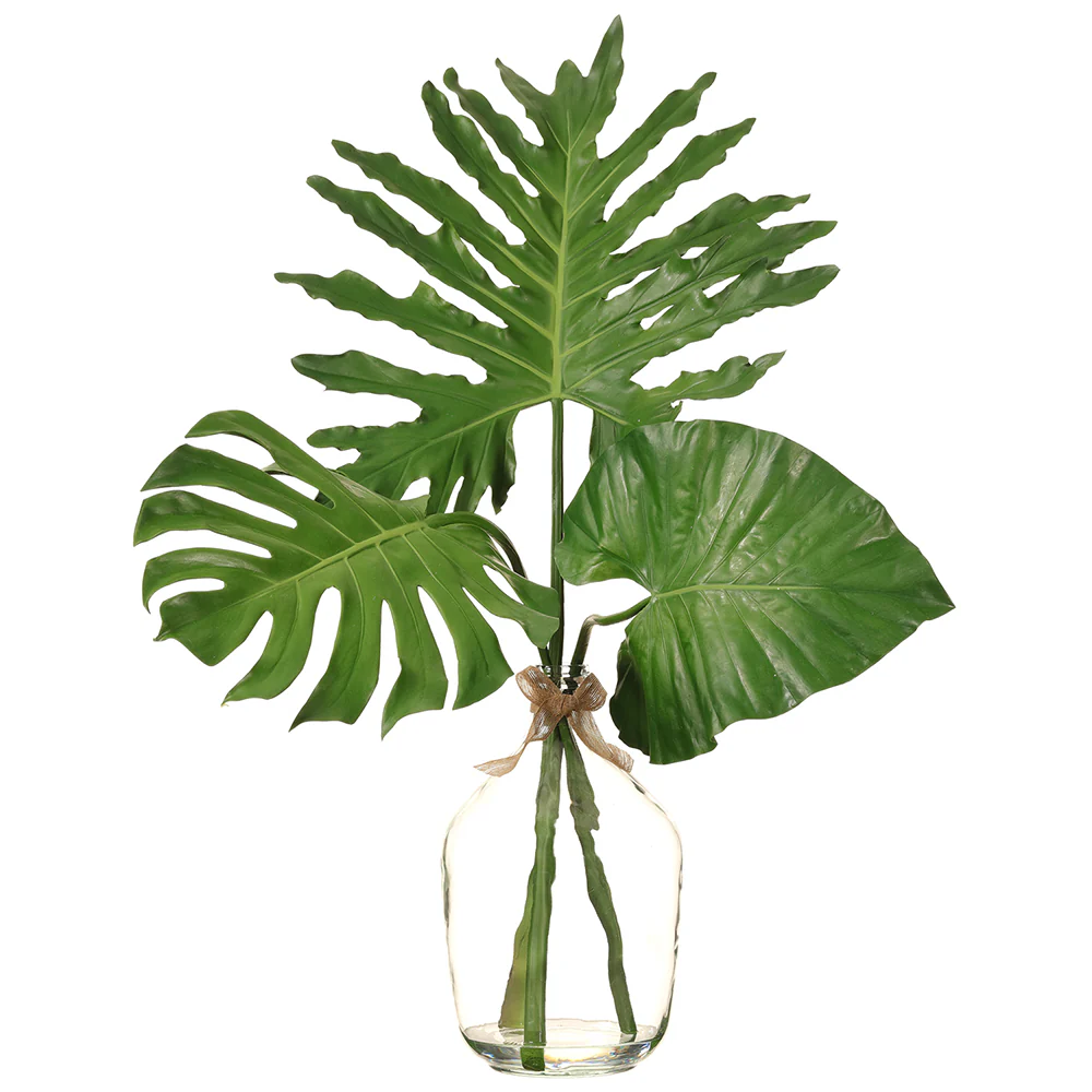 32" Mixed Tropical Leaf Silk Stem w/Glass Vase -Green