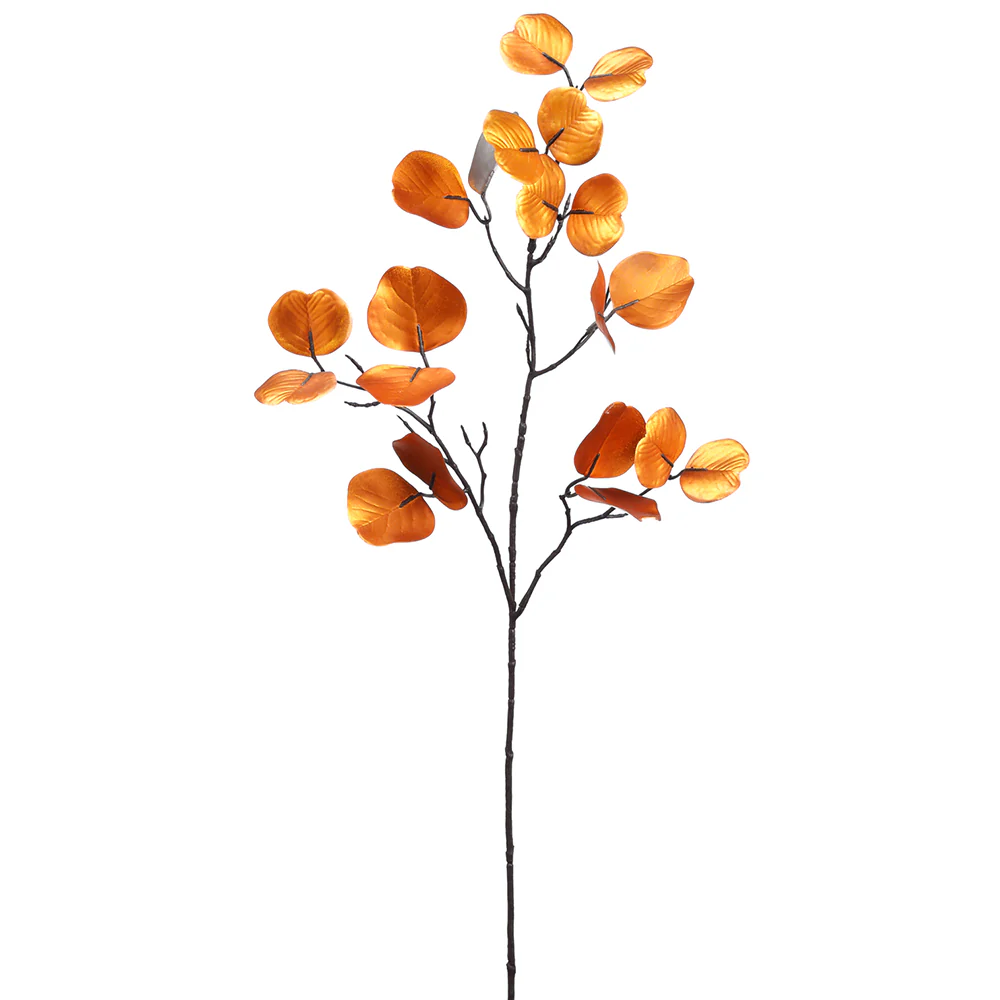 33" Metallic Artificial Eucalyptus Leaf Stem -Orange (Pack of 12)