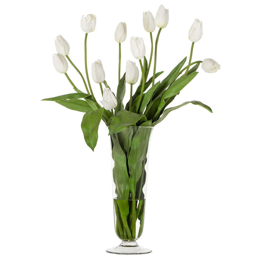 33"Hx22"W Silk French Tulip Flower Arrangement w/Footed Glass Vase -White/Green