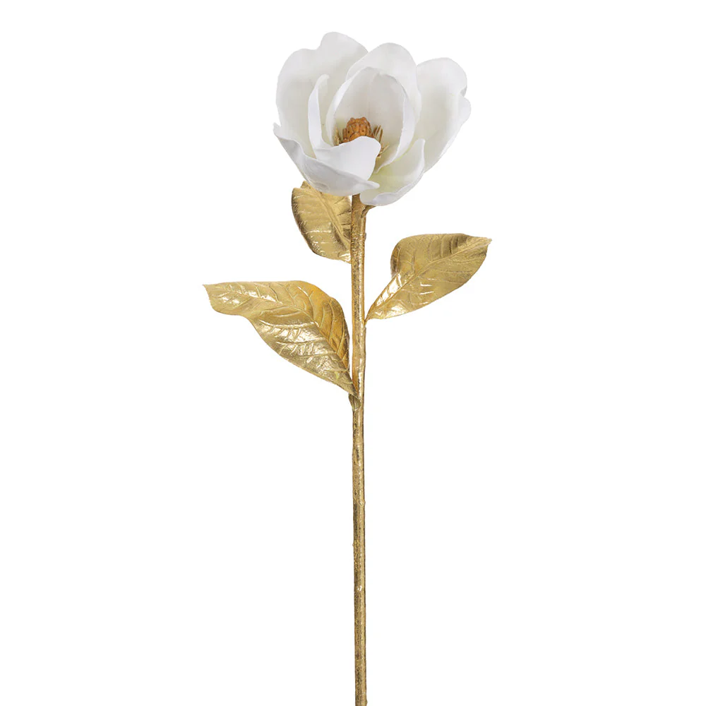 34" Artificial Magnolia Flower Stem -White/Gold (Pack of 6)