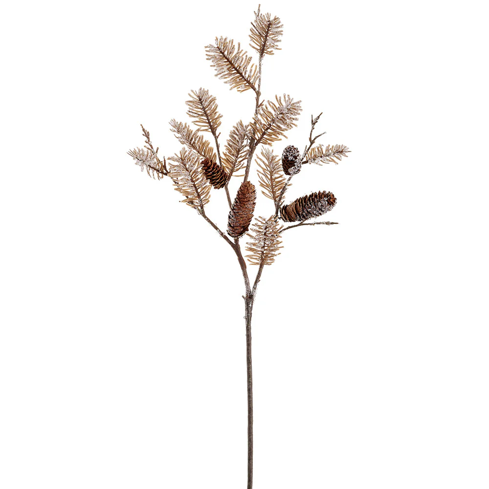 34" Beaded & Flocked Artificial Pine & Pinecone Stem -Brown/White (Pack of 12)