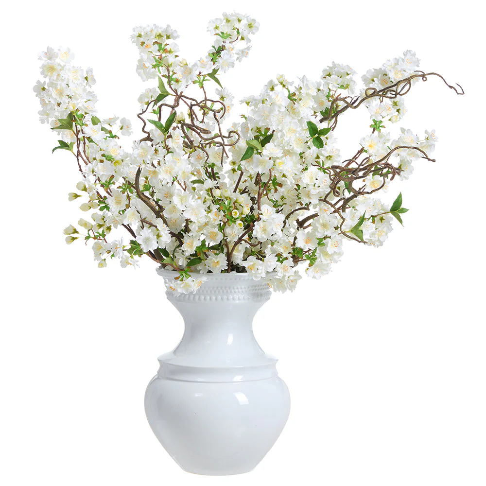 34"Hx35"W Cherry Blossom Silk Flower Arrangement w/Ceramic Vase -White