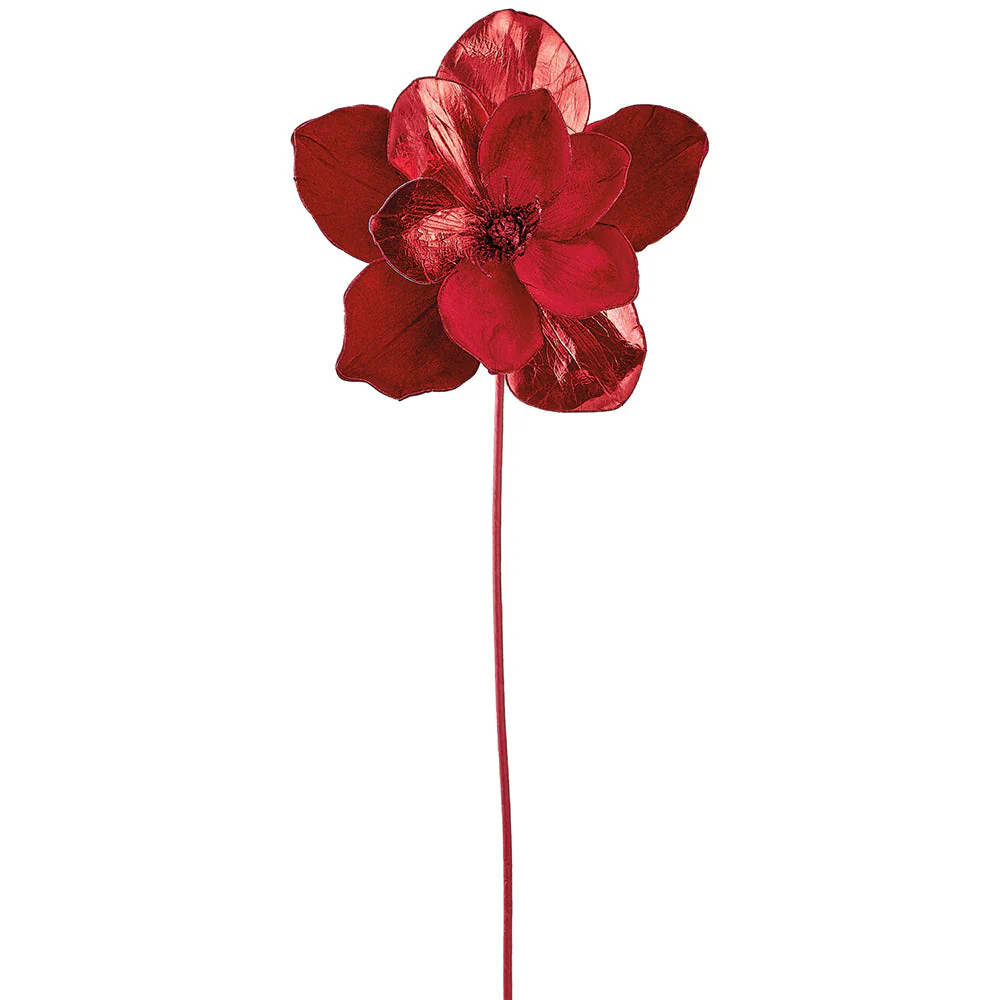 35.5" Metallic Velvet Artificial Magnolia Flower Stem -Red (Pack of 6)
