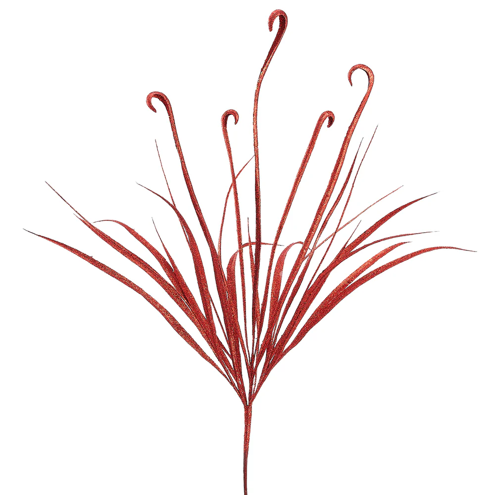 35" Glittered Artificial Curley Grass Stem -Red (Pack of 12)