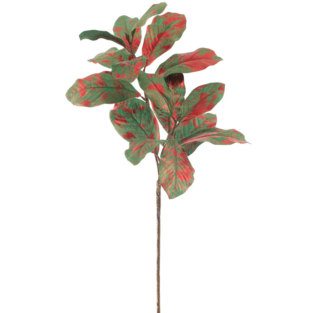 35" Metallic Artificial Magnolia Leaf Stem -Green/Red (Pack of 6)