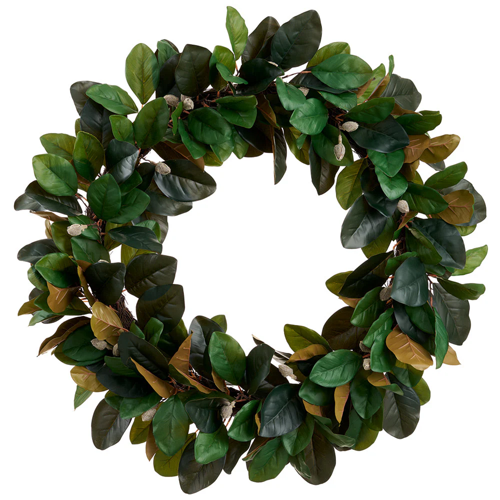 35" Silk Magnolia Leaf Wreath -Green